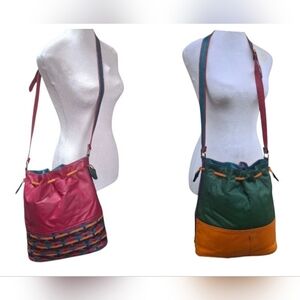 Saereun New York Leather Colorblock Woven Drawstring Bucket Bag Shoulder Purse